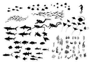 uppsättning av vilda djur, växter och dykare silhuetter vektor