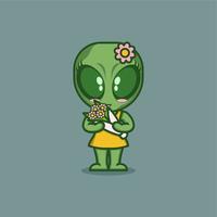 süß Karikatur Außerirdischer mit Blumen vektor