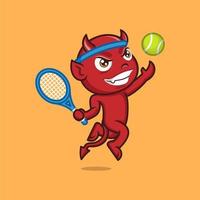 süß Karikatur Teufel spielen Tennis vektor