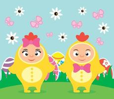Lycklig påsk kort med rolig barn i kostym kycklingar vektor