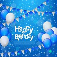 Lycklig födelsedag med ballonger och triangel- flaggor i blå bakgrund, vektor illustration