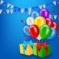 födelsedag bakgrund med ballonger, gåva och konfetti, vektor illustration