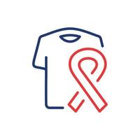 Kläder hjälp för patienter cancer, hjälpmedel, HIV linje ikon. t-shirt med band Stöd cancer patient linjär piktogram. kläder donation översikt ikon. redigerbar stroke. isolerat vektor illustration.