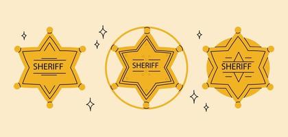 golden Hexagon Star Symbole, Sheriff Abzeichen symbole.karikatur Hand gezeichnet Abzeichen, Vektor Illustration isoliert auf Weiß Hintergrund. wild Westen.