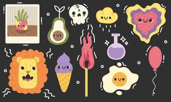 Hand gezeichnet hell kawaii Figuren. groß einstellen von anders farbig Vektor Illustrationen. süß Avocado, ein Eis Creme, ein Ei, Herz, ein Löwe, ein Anlage, ein Wolke. Karikatur Stil. Hintergrund, Aufkleber