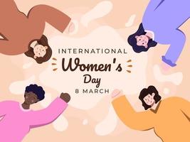 glücklicher internationaler Frauentag am 8. März mit flacher Illustration der Nationalitätenvielfalt. Frauen mit unterschiedlichen Ethnien feiern gemeinsam den Frauentag. festlicher Frauentag. Grußkarte, Banner vektor