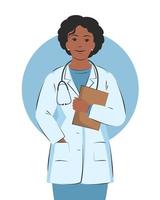 läkare kvinna i vit täcka. vänlig och omtänksam medicinsk arbetstagare. vektor illustration.