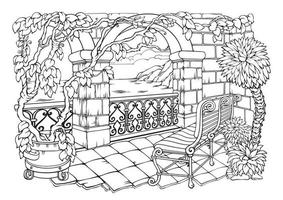 romantisch Garten. Färbung Seiten. Bögen, Bank, und Pflanze. Vektor Illustration.