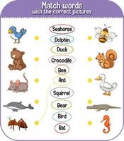 Ordnen Sie Wörter dem richtigen Bildspiel für Kinder zu vektor