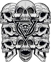 gotisk skylt med skallen och ögat av försyn i triangel, t-shirts med grunge vintage design vektor