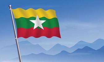 Myanmar Flagge mit Hintergrund von Berge und Himmel vektor