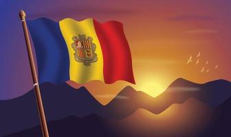 Andorra Flagge mit Berge und Sonnenuntergang im das Hintergrund vektor