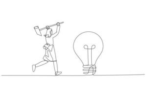 Zeichnung von Geschäftsfrau mit Hammer Versuchen zu brechen Lampe. Konzept von Idee Generation. kontinuierlich Linie Kunst vektor