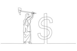 Karikatur von Muslim Frau mit Hammer schlagen Dollar Zeichen USD unterzeichnen. Konzept von Geld Markt. Single Linie Kunst Stil vektor