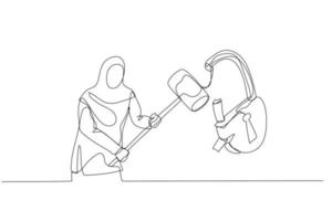 Illustration von Muslim Frau mit Hammer Smash Vorhängeschloss. Konzept von Problem lösen. Single kontinuierlich Linie Kunst Stil vektor