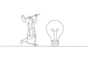Karikatur von Muslim Frau mit Hammer Versuchen zu brechen Lampe. Konzept von Idee Generation. Single Linie Kunst Stil vektor