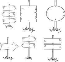 hölzern Straße Zeichen Gekritzel Satz. hölzern Richtung Zeichen und Pfeile im skizzieren Stil. Hand gezeichnet Illustration isoliert auf Weiß Hintergrund. vektor