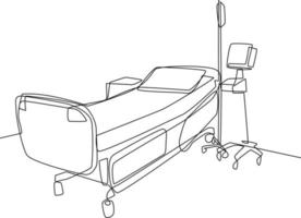 enda ett linje teckning sjukhus rum interiör med säng och klinik Utrustning. ett tömma sjukhus rum begrepp. kontinuerlig linje dra design grafisk vektor illustration.