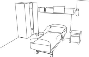 Single einer Linie Zeichnung Krankenhaus Zimmer Innere mit Bett und Klinik Ausrüstung. ein leeren Krankenhaus Zimmer Konzept. kontinuierlich Linie zeichnen Design Grafik Vektor Illustration.