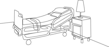 enda ett linje teckning sjukhus rum interiör med säng och klinik Utrustning. ett tömma sjukhus rum begrepp. kontinuerlig linje dra design grafisk vektor illustration.