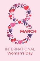 Damen Tag Gruß Karte oder Banner mit Rosa Schnitt acht Nummer und wasserfarbe Herzen. Vektor 8 März International Urlaub Poster Vorlage