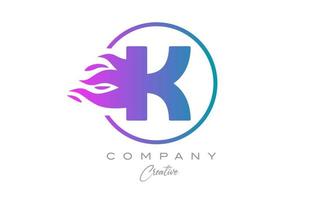 Rosa k Alphabet Brief Symbol zum korporativ mit lila Flammen. Design mit geeignet zum ein Unternehmen Logo vektor