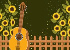vacker solros trädgård med staket och gitarr vektor