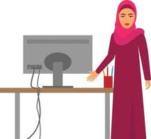 Muslim Frau beim arbeiten, Vektor arabisch Geschäft Charakter beim Schreibtisch im Büro mit Computer, Saudi Karikatur Geschäftsfrau