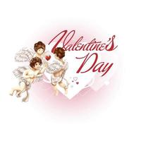 drei von Engel geben Herz zum zusammen, Amoretten mit glücklich Valentinstag Tag Rosa Text auf Weiß Hintergrund vektor