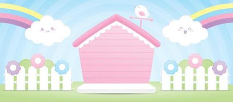 söt söt rosa hus form bakgrund visa skede med Lycklig moln och fågel 3d illustration vektor för sätta bebis produkt eller unge objekt