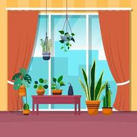 tropische Zimmerpflanze grün dekorative Pflanze Fenster Haus Illustration vektor
