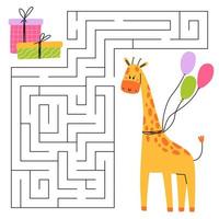 Matze Spiel zum Kinder. Spaß Giraffe suchen zum ein Weg zu das Geschenk Kasten. süß Tier mit Ballon. druckbar Arbeitsblatt. Vektor Karikatur Illustration zum Geburtstag.