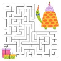 labyrint spel för ungar. roligt sköldpadda ser för en sätt till de gåva låda. söt djur- med kaka. tryckbar arbetsblad. vektor tecknad serie illustration för födelsedag.