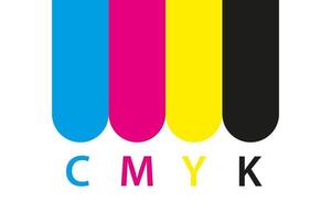 cmyk-utskriftsikon. fyra cirklar i cmyk färgsymboler. cyan, magenta, gul, nyckel, svarta hjul isolerad på vit bakgrund vektor