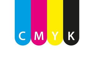 cmyk Drucksymbol. vier Kreise in cmyk-Farbsymbolen. Cyan, Magenta, Gelb, Schlüssel, schwarze Räder lokalisiert auf weißem Hintergrund