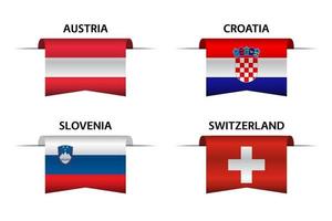 uppsättning med fyra österrikiska, kroatiska, slovenska och schweiziska band. tillverkad i Österrike, tillverkad i Kroatien, tillverkad i Slovenien och tillverkad i Schweiz klistermärken och etiketter. vektor enkla ikoner med flaggor