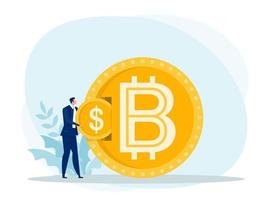 affärsman sätta dollar mynt utbyte för bitcoin. platt design. bitcoins, altcoins, finans, digital penningmarknad, kryptovaluta, mynt vektorillustration. vektor