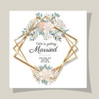 bröllopsinbjudan med guldram blommor och blad vektor design