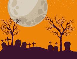 halloween bakgrund med kyrkogårdsscen på natten vektor