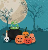 Halloween-Kürbisse und Hexenkessel vor Friedhofsvektorentwurf vektor