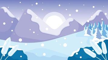 snöfall scen med berg, tall träd och miljö Sol. vinter- natur landskap vektor illustration