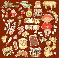 Sammlung von Aufkleber mit süß komisch Erdnuss butter.süß Karikatur Charakter im Essen Erdnuss Butter. spritzig, Sandwich, Nüsse und Erdnuss Blätter vektor