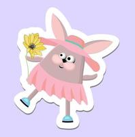 Hase mit Blume. süß Hase Aufkleber. Vektor Illustration von ein Hase. Hase im ein Hut und Kleid.
