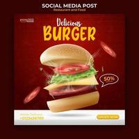 Essen und Restaurant Menü Banner Social Media Post. bearbeitbare Social-Media-Vorlage für die Werbung. Illustrationsvektor mit realistischem Burger vektor