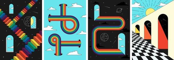 retro groovig Regenbogen Raum Treppe Kunst Poster Satz. Sonne und Mond im Fenster surreal kosmisch Drucke. Jahrgang Boho Universum abstrakt Plakate. modisch y2k Pop Kultur Banner. Vektor geometrisch eps Hintergrund