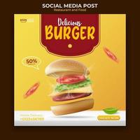 Essen und Restaurant Menü Banner Social Media Post. bearbeitbare Social-Media-Vorlage für die Werbung. Illustrationsvektor mit realistischem Burger vektor