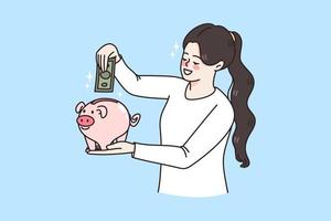 glücklich wirtschaftlich jung Frau stellen Banknote im Sparschwein speichern Geld zum Zukunft. lächelnd Mädchen machen Währung Kasse finanziell Investition denken von Budget. Finanzen Planung Konzept. eben Vektor Illustration.