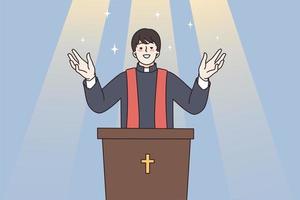 religion, kristendomen och andlighet begrepp. ung man präst stående och välsignelse människor i religiös gest bön- till Gud för bättre andlig vektor illustration