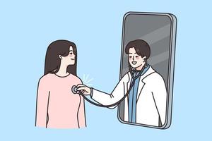 Lycklig ung kvinna ha uppkopplad samråd på mobiltelefon med manlig läkare. man gp undersöka kvinna patient på internet utnämning på smartphone. avlägsen medicin service. vektor illustration.