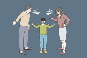 konflikt och bekämpa i familj begrepp. små gråt pojke stående mellan två skrikande arg föräldrar påfrestande till bekvämlighet dem vektor illustration